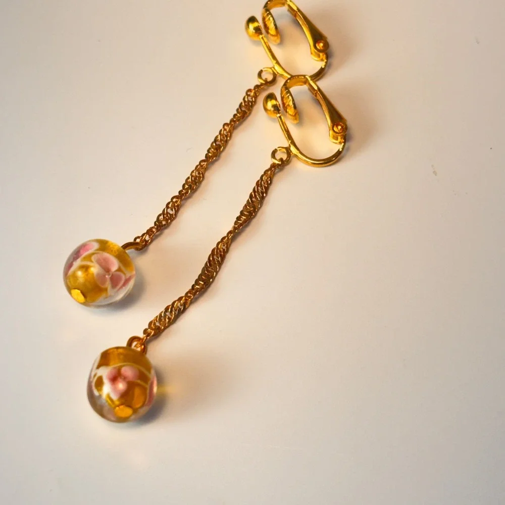 Vintage Glass Drop Earrings Gold Pink Floral Dangle Whimsygoth Boho Chic PL331